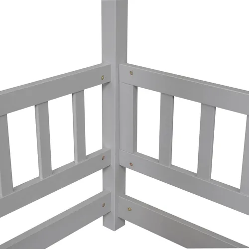 Miniatura 7 de LLS Cama de piso completo para niños, marco de cama de madera con techo y barandillas de valla seguras, cama Montessori para niñas y niños, gris