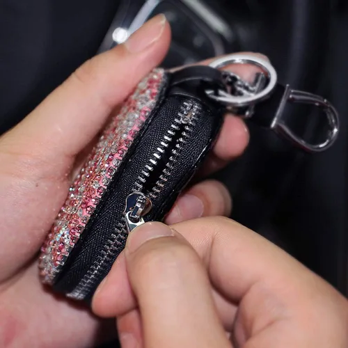 Miniatura 5 de Funda para llave de coche, multifuncional, con cierre y mosquetón, piel con brillantes, color rosa