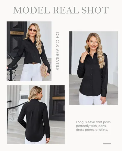 Miniatura 6 de siliteelon Camisa con botones para mujer: camisa de vestir con cuello de manga larga de algodón con botones, blusa de trabajo y oficina