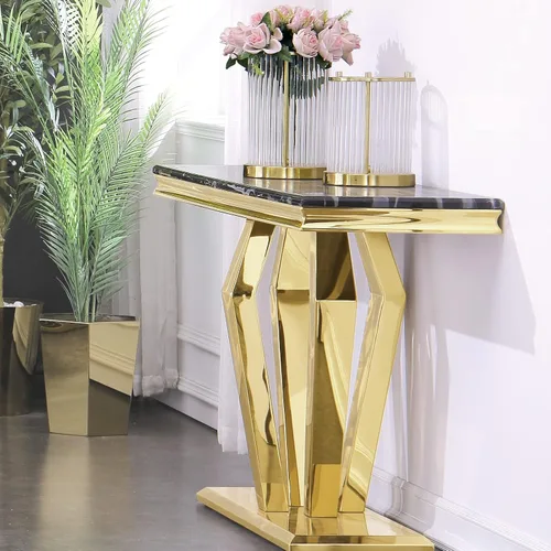 Miniatura 6 de ACEDCOR - Mesa consola moderna, mesa rectangular para sala de estar y entrada con base geométrica de espejo, negro dorado