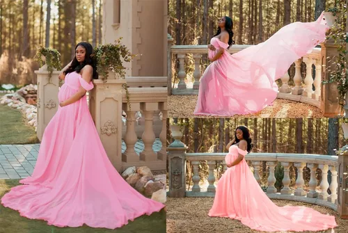 Miniatura 6 de ZIUMUDY Vestido largo de gasa de maternidad para sesión de fotos, fotografía con hombros descubiertos, vestido de gasa transparente envuelto