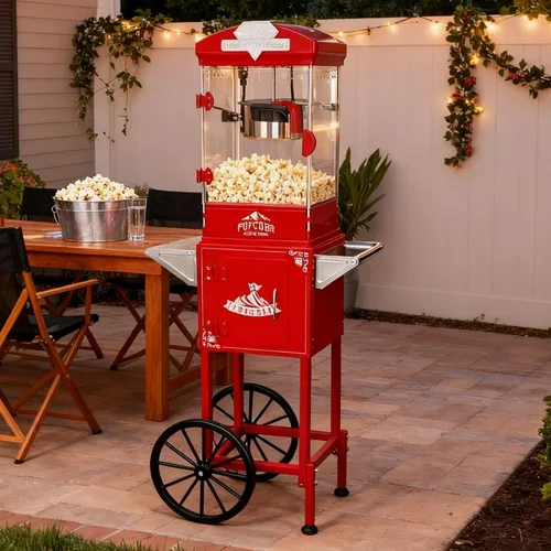 Máquina de palomitas de maíz con carro, hervidor de acero inoxidable de 10 onzas, máquina para hacer palomitas de maíz estilo cine vintage para Negro