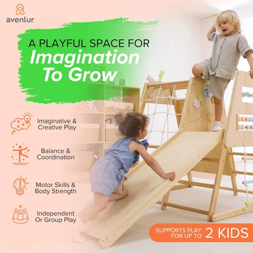 Miniatura 8 de Avenlur Cherry - Escalador de madera 5 en 1 para interiores, gimnasio Montessori para niños pequeños con tobogán, pared de roca, escalera de cuerda