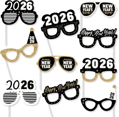 Big Dot of Happiness Hola gafas de año nuevo – Tarjeta de papel 2026 NYE Party Photo Booth Props Kit – 10 unidades