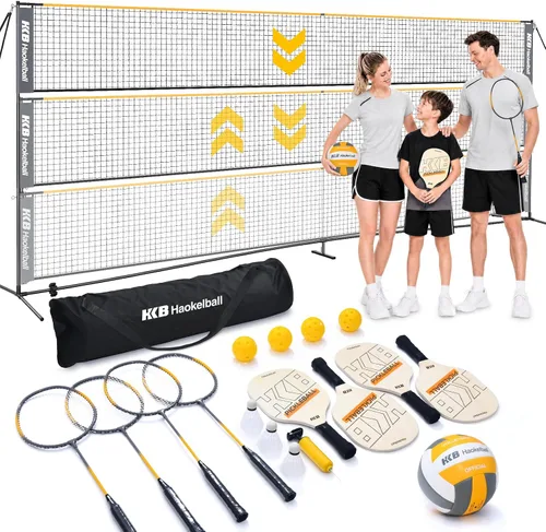 Haokelball Juego de red de bádminton, voleibol y pickleball, sistema de redes todo en uno portátil de 22 pies para interior y exterior con altura