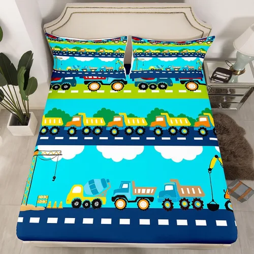 Miniatura 25 de Juego de sábanas bajeras ajustables para niños, diseño de caricaturas, camiones, tamaño individual, juegos de ropa de cama de excavadoras, camiones