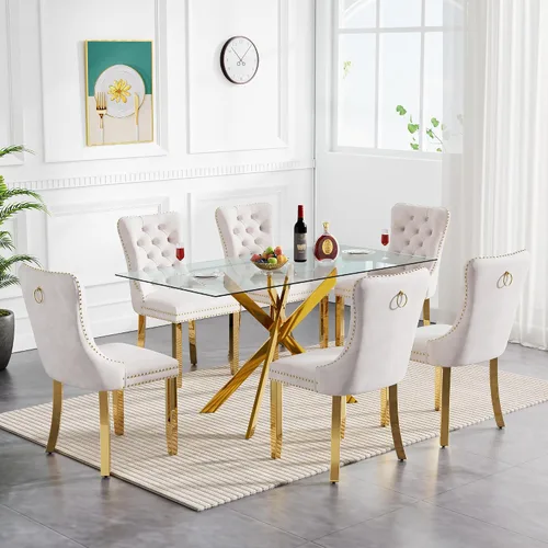 Miniatura 12 de Juego de mesa de comedor de cristal para cocina de 4, 5 piezas, mesa de comedor rectangular de 51 pulgadas con 4 sillas de cocina de terciopelo