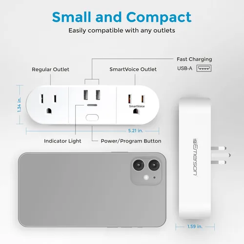Miniatura 5 de Emerson SmartVoice - Enchufe de pared 4 en 1, tomacorriente inteligente controlado por voz con 2 salidas de CA y 2 puertos USB-A, sin WiFi, sin