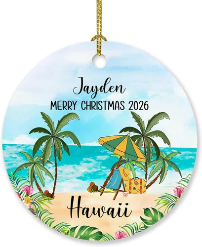 Adorno de Navidad personalizado de playa de Hawái 2026, adorno de Navidad de paisaje urbano de Hawaii, adornos de Hawái, regalos para amigos, mamá,