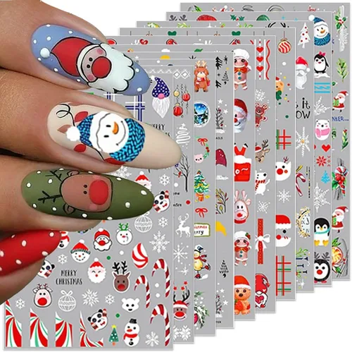 10 calcomanías de uñas de Navidad de invierno para mujeres, dibujos animados 3D, alce, muñeco de nieve, campanas de Papá Noel, copo de nieve,