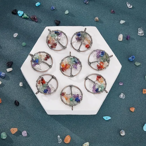 Miniatura 4 de SUNNYCLUE 8 dijes de árbol de la vida, piedras preciosas de cristal de cuarzo, planas, redondas, con agujero para joyería y pulsera, chakras, collar