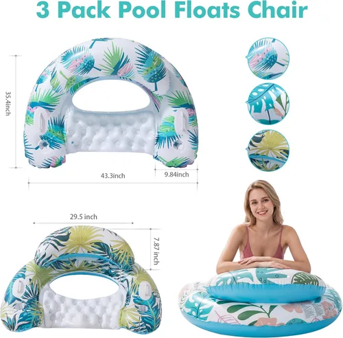 Miniatura 5 de OKSUWATER - Paquete de 3 flotadores de piscina para adultos, flotadores de piscina con dos portavasos y asas, flotadores inflables de piscina