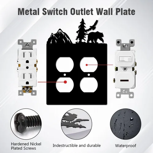 Miniatura 2 de Eagle & Bear - Placa de pared con interruptor de luz, doble dúplex, habitación de cabaña negra Cubiertas decorativas de metal para enchufe, se