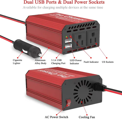 Miniatura 4 de Pro Chaser - Inversor de corriente para auto de 400W – Convertidor DC 12V a AC 110V con salidas AC dobles y puertos USB de 6.2A, ideal para viajes