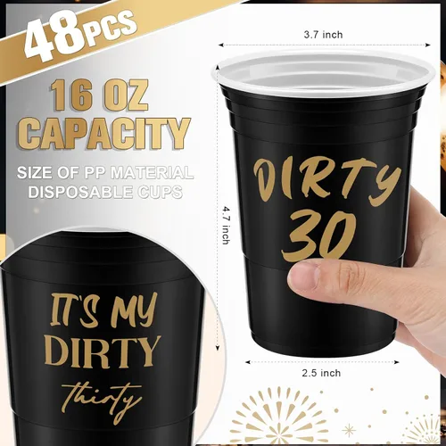 Miniatura 3 de Rtteri 48 piezas de vasos de cumpleaños para fiesta de 30 años sucios, vasos desechables de 16 oz, vaso de estadio negro dorado, sucio treinta, vaso