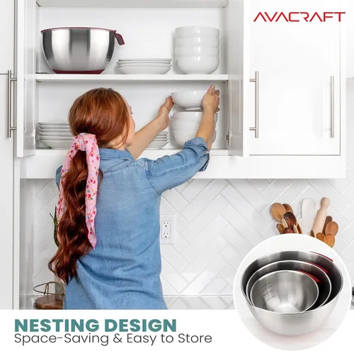 Miniatura 3 de AVACRAFT Tazones para mezclar de acero inoxidable 18/10 con tapas, tazones con base de silicona antideslizante con mango, juego de tazones para Rojo