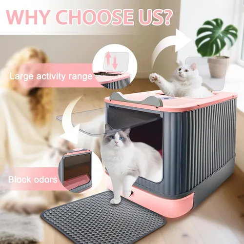 Miniatura 5 de Caja de arena para gatos con tapete de arena, caja de arena grande de 17"x14"x13" para gatos grandes, cajas de arena cerradas extraíbles, caja