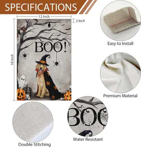 Miniatura 4 de Heyfibro Bandera de jardín de perro Golden Retriever de Halloween de 12 x 18 pulgadas, arpillera de doble cara, fantasma, rústico, decoración