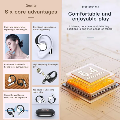 Miniatura 4 de Auriculares inalámbricos con ganchos para las orejas, auriculares deportivos Bluetooth 5.4 de oreja abierta, auriculares impermeables sobre la oreja
