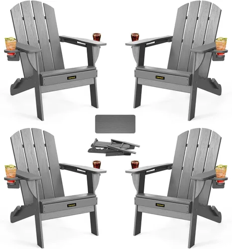 Miniatura 37 de Silla Adirondack Plegable, Sillas Adirondack de Plástico con Textura de Madera con 2 Portavasos, Silla para Hoguera de HDPE Resistente a