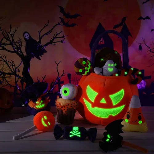 Miniatura 2 de Liliful Juego de 11 piezas de juguetes de calabaza de Halloween, animales de peluche que brillan en la oscuridad, cesta grande de calabaza de felpa