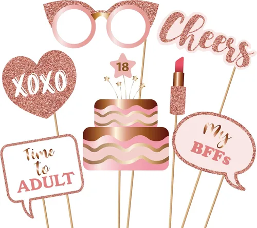 Miniatura 5 de Accesorios y letreros para cabina de fotos de fiesta de cumpleaños número 18, color oro rosa, kit de accesorios para selfies con palos para niñas