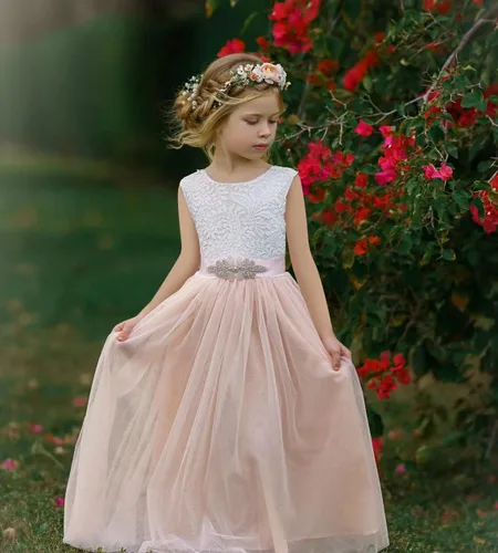 Miniatura 3 de MCieloLuna Vestidos de tul de longitud completa con encaje en la espalda para niña con lazo para fiesta, cumpleaños, primera comunión MC27