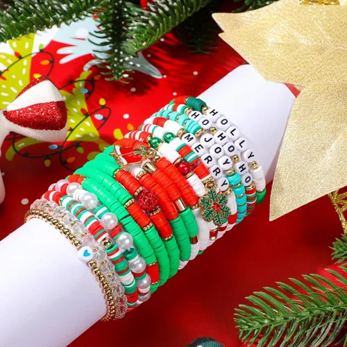Miniatura 5 de Juego de 48 pulseras de Navidad apilables Heishi Surfer pulseras de Navidad con cuentas, pulseras de Navidad a granel para mujer, pulsera elástica