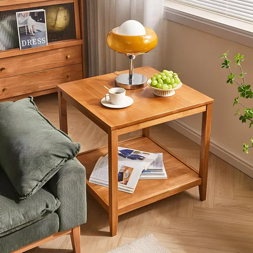 Miniatura 3 de Mesa auxiliar, mesa auxiliar cuadrada de madera maciza con estante de almacenamiento, mesa auxiliar de 2 niveles para sala de estar, mesa de sofá