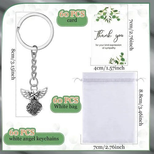 Miniatura 3 de Hicarer Juego de 180 piezas de regalos fúnebres de agradecimiento, 60 piezas de dijes de ángel, llavero de ángel, 60 bolsas de organza blanca, 60