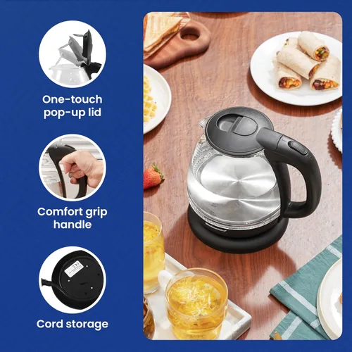 Miniatura 6 de Pava eléctrica de Elite Gourmet EKT1001, de 1,0 L, sin BPA, de 1100 W, de cristal, inalámbrica, base de 360°, elegante interior con luz LED azul