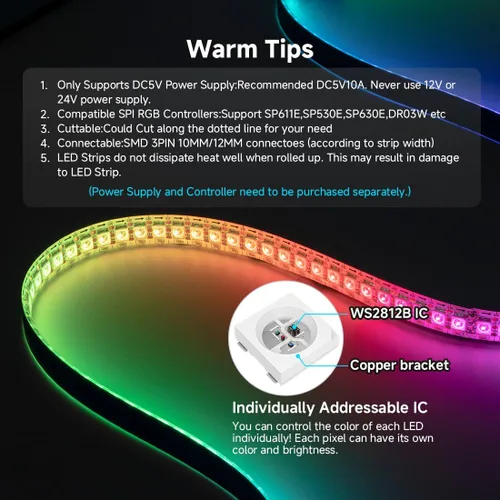 Miniatura 9 de SEZO WS2812B ECO Tira de luz LED 16.4 pies/5M 60 LED/m 300 píxeles, direccionable individualmente, programable, 5050SMD, RGB, aleación, cables Negro