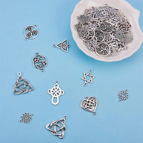 Miniatura 5 de SUNNYCLUE 60 piezas de dijes de conexión de nudo celta, plata antigua, irlandesa, flor wicca, buena suerte, triángulo, corazón, amor, nudos