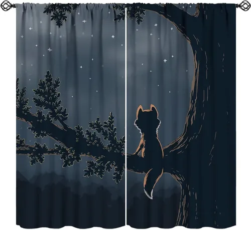Miniatura 11 de Cortinas opacas de dibujos animados de animales de bosque naranja, zorro, flores, luna, hojas azules, arte abstracto, niños y niñas, decoración