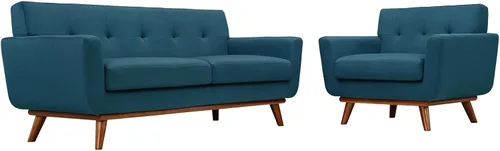 Miniatura 2 de Modway Engage - Sillón de una pieza tapizado con tela y sofá de dos piezas de estilo de mediados de siglo, Textil, Celeste