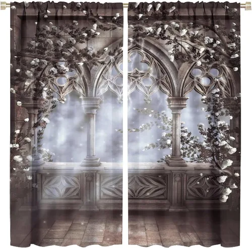 Cortinas de ventana de castillo vintage, estilo gótico, romántica de mediados de siglo, oscurecimiento de la habitación, cortina de ventana con