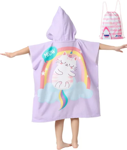 Toallas de baño de microfibra suave para niños de 3 a 10 años con capucha, poncho de playa (gato, para niños de 3 a 10 años)