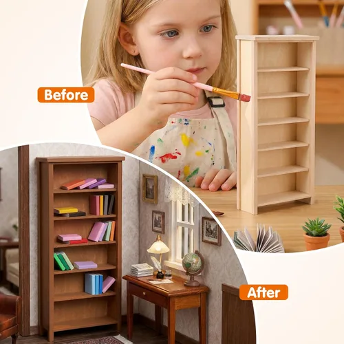 Miniatura 8 de Estantería de casa de muñecas a escala 1:12, gabinete de almacenamiento modelo de casa de muñecas, estantería en miniatura de madera sin terminar