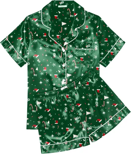Miniatura 11 de Ekouaer Conjunto de pijama de satén de seda para mujer, suave, de manga corta, con botones, ropa para dormir, camiseta y pantalones cortos, juego