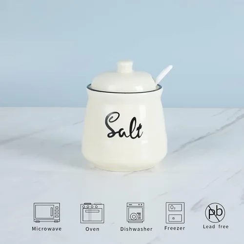 Miniatura 3 de Farmhouse - Sal de porcelana con tapa y cuchara, 12 onzas, fácil de limpiar (beige)