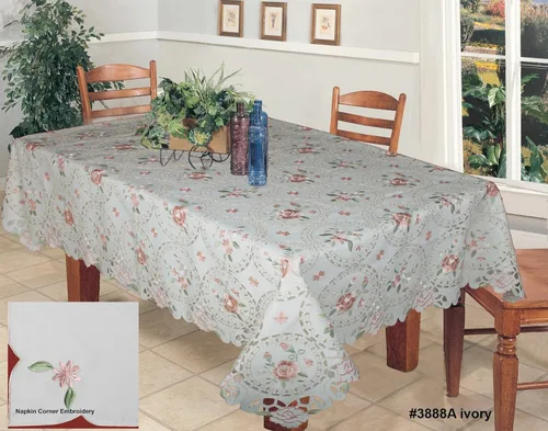 Miniatura 2 de Creative Linens Mantel bordado con diseño de margaritas rosas y flores pastel, 68 x 104 pulgadas, rectangular y 12 servilletas marfil primavera