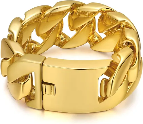 Miniatura 5 de ROWIN&CO Jewelry - Enorme pulsera gruesa de 1.260 in para hombre, resistente, chapado en oro amarillo de 18 quilates, cadena cubana de acero