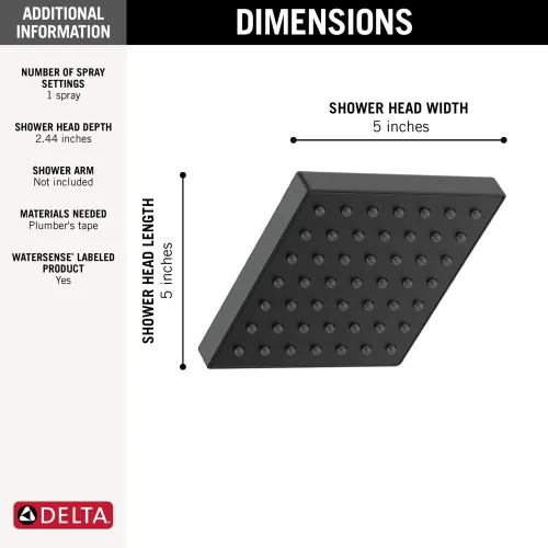 Miniatura 3 de Delta Faucet Modern Cabezal de ducha de un solo rociador de 5 pulgadas, cabezal de ducha cuadrado negro, cabezal de ducha de alta presión, caudal