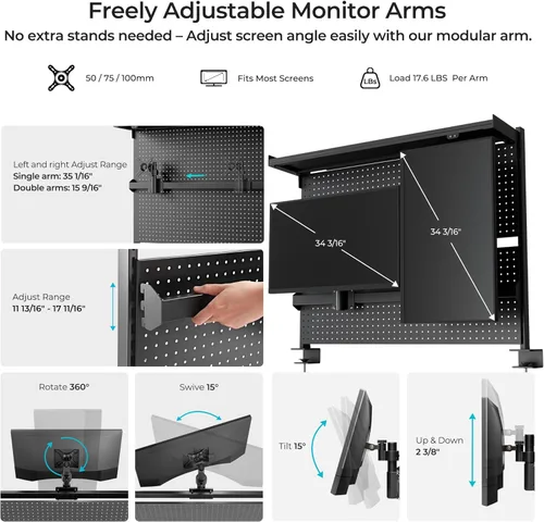 Miniatura 5 de EUREKA ERGONOMIC Tablero de clavijas con soporte para dos monitores, tablero de clavijas de acero para escritorio, accesorios para computadora