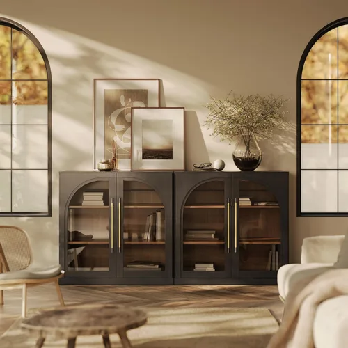 Miniatura 22 de BELLEZE Aparador Modular Acanalado Buffet con Almacenamiento, Mesa Consola Moderna de Mediados de Siglo con Puertas Arqueadas Simétricas, Elegante