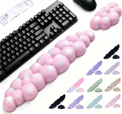 Miniatura 9 de Set de reposamuñecas Cloud para teclado y mouse, incluye bonito portavasos, para computadoras y laptops (Set Estrella Púrpura)