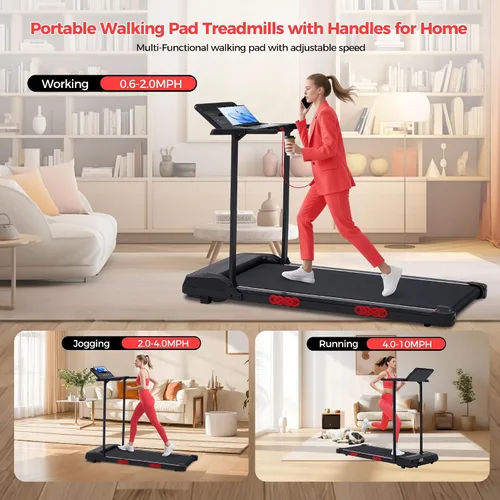Miniatura 2 de Cinta para caminar eléctrica con manillar, 0.6-10 MPH, caminadora portátil pequeña con asas para el hogar, apartamento, de 3.5 HP, plegable