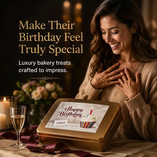 Miniatura 3 de Cesta de regalo gourmet de feliz cumpleaños, surtido de galletas y brownie recién horneados en elegante caja de lata reutilizable, regalos de comida
