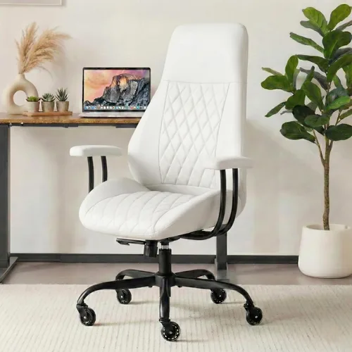 Miniatura 10 de E-Motie Silla de Escritorio para Oficina en Casa, Silla de Computadora de Cuero Ergonómica de Respaldo Alto con Soporte Lumbar, Altura Ajustable