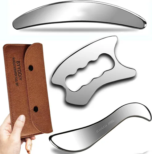 Miniatura 9 de BYYDDIY Juego de herramientas de raspador muscular de acero inoxidable 2 en 1 Gua Sha raspador de masaje